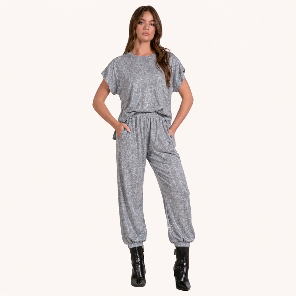 Elan Womens Gray Metallic Shimmer Short Sleeve Jogger Jumpsuit LK7299 Size M